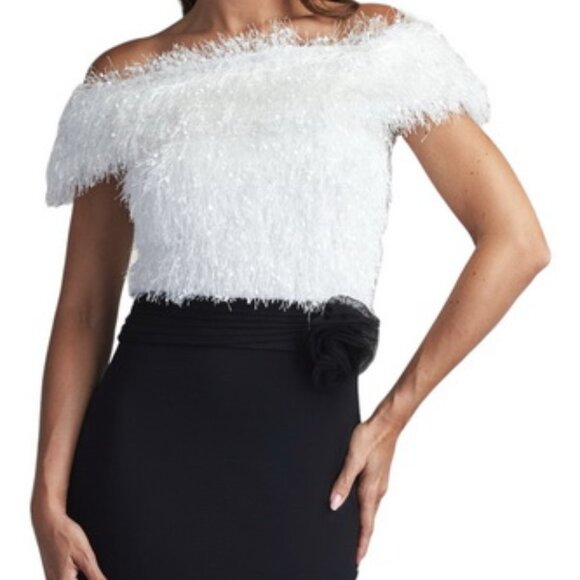 Tadashi Shoji Black Ivory Jana Eyelash Yarn And Crepe Gown - Picture 4 of 4